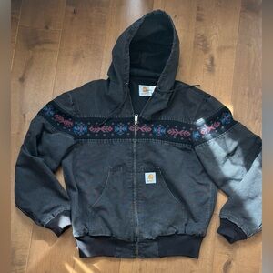 Carhartt Aztec VTG Hooded Canvas Workwear Jacket Black Knit Stripe L